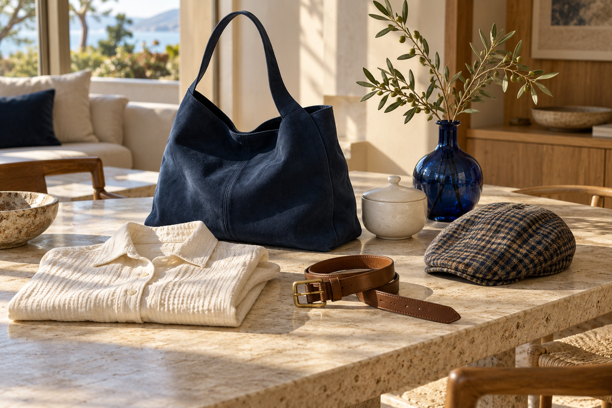 Original Trendha Customer Picks editorial with a navy tote, plaid cap, leather belt and everyday home accents