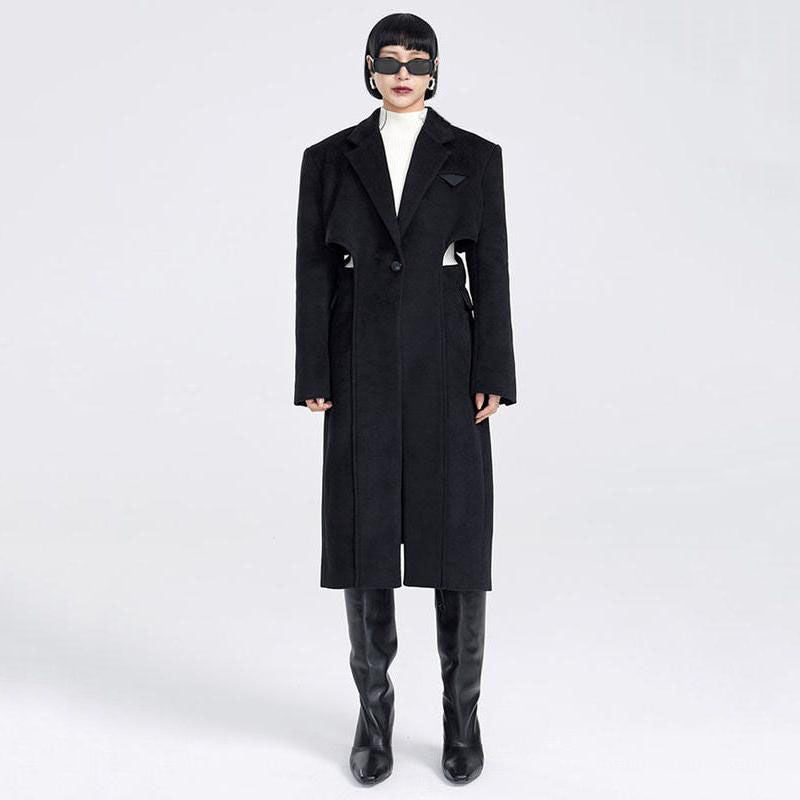 Women's Black Cutout-Detail Long Overcoat