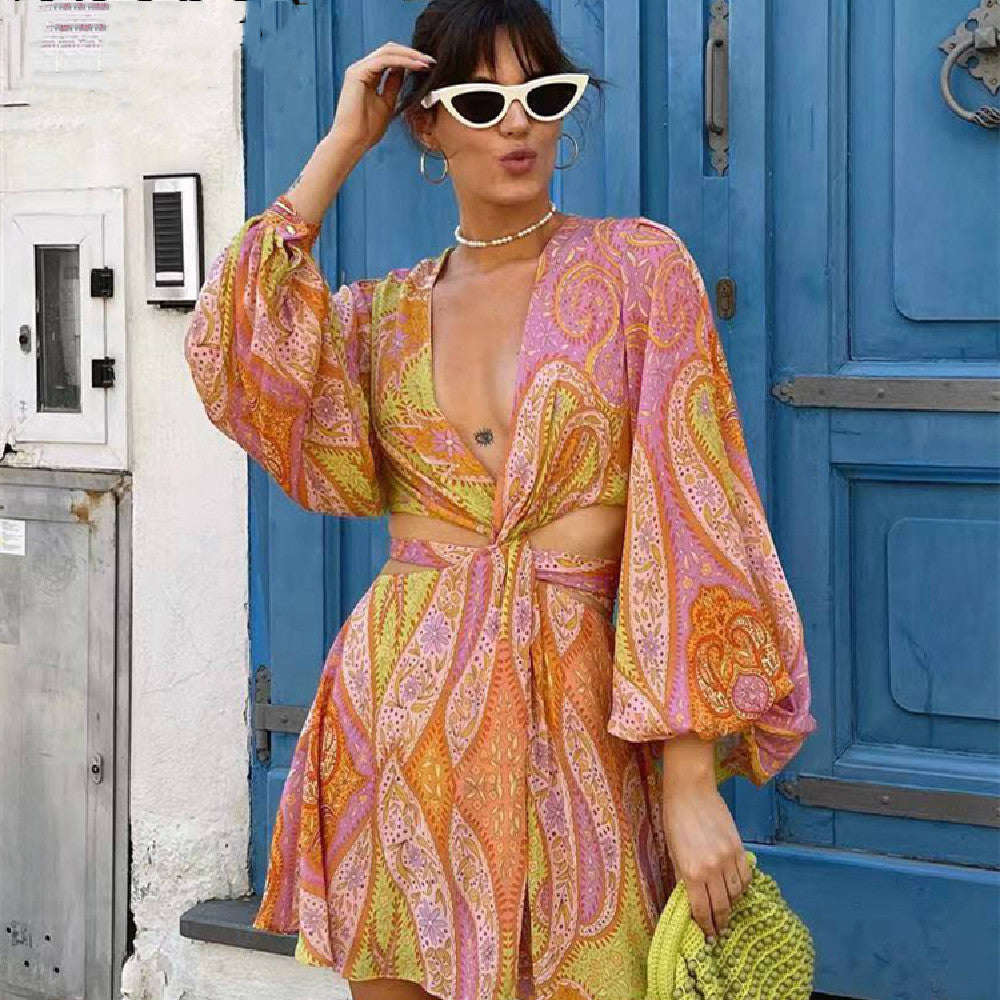 Women's Long Sleeve Cutout Print Dress