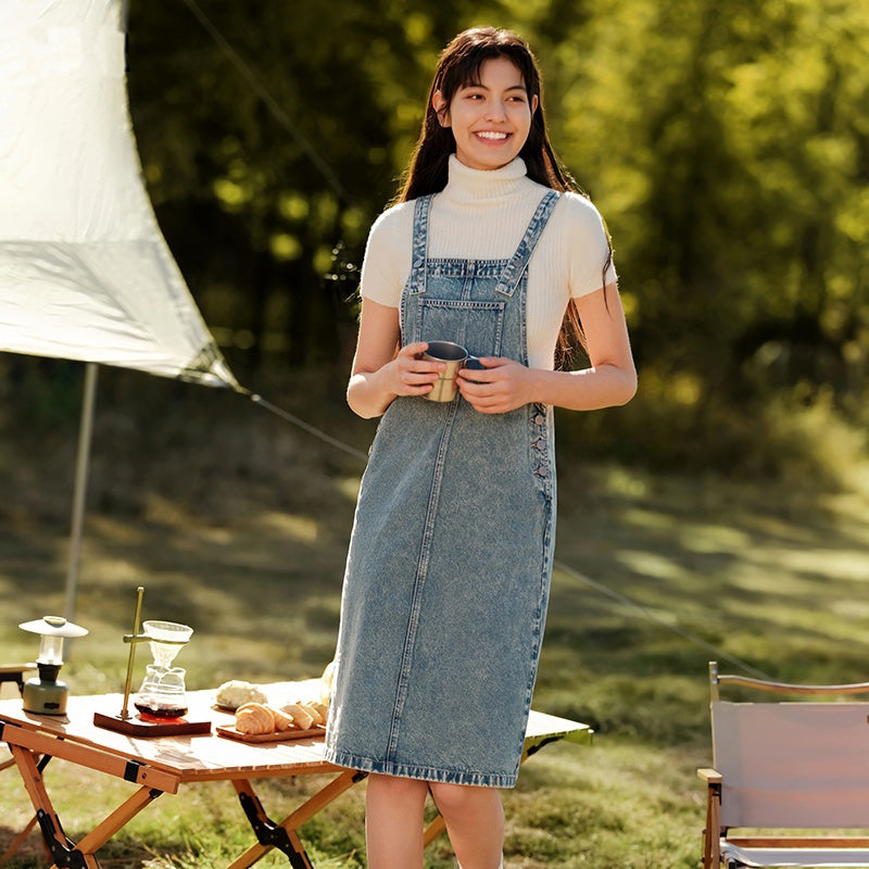 Blue Denim Pinafore Dress with Bib Pocket