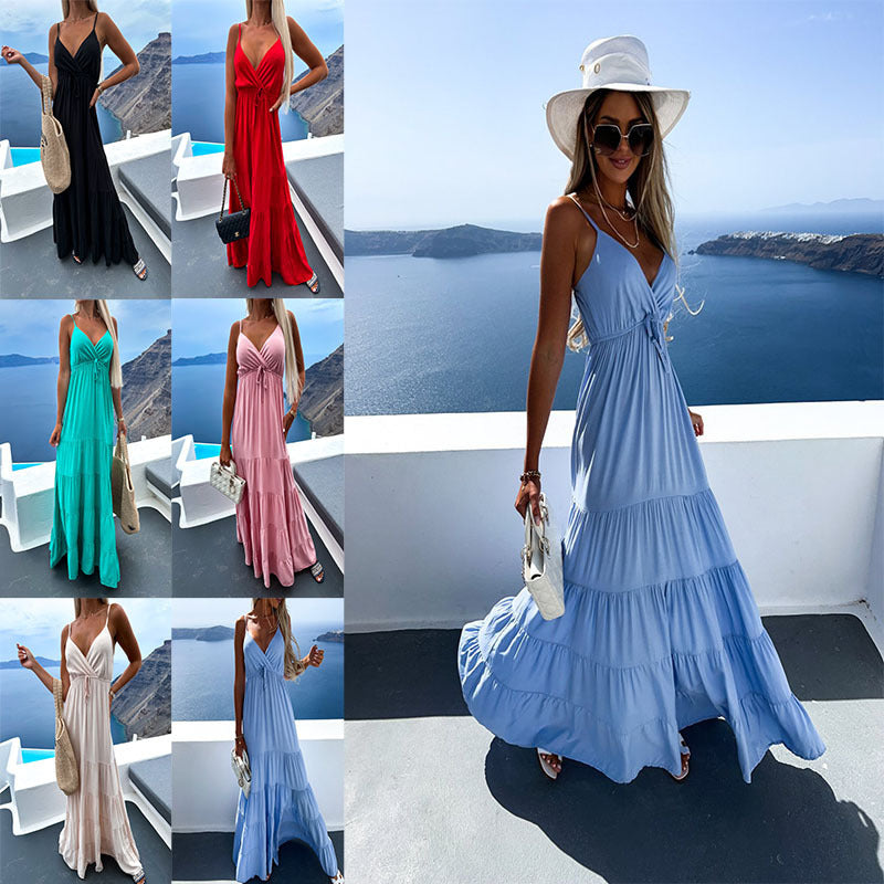 Women's Multi-color Casual Fashion V-neck Dress With Suspenders
