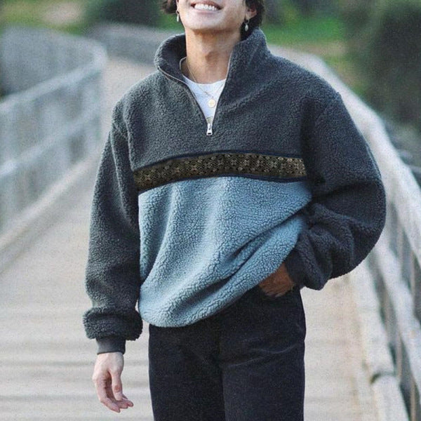 Men's Grey-Blue Polyester Zip-Neck Pullover