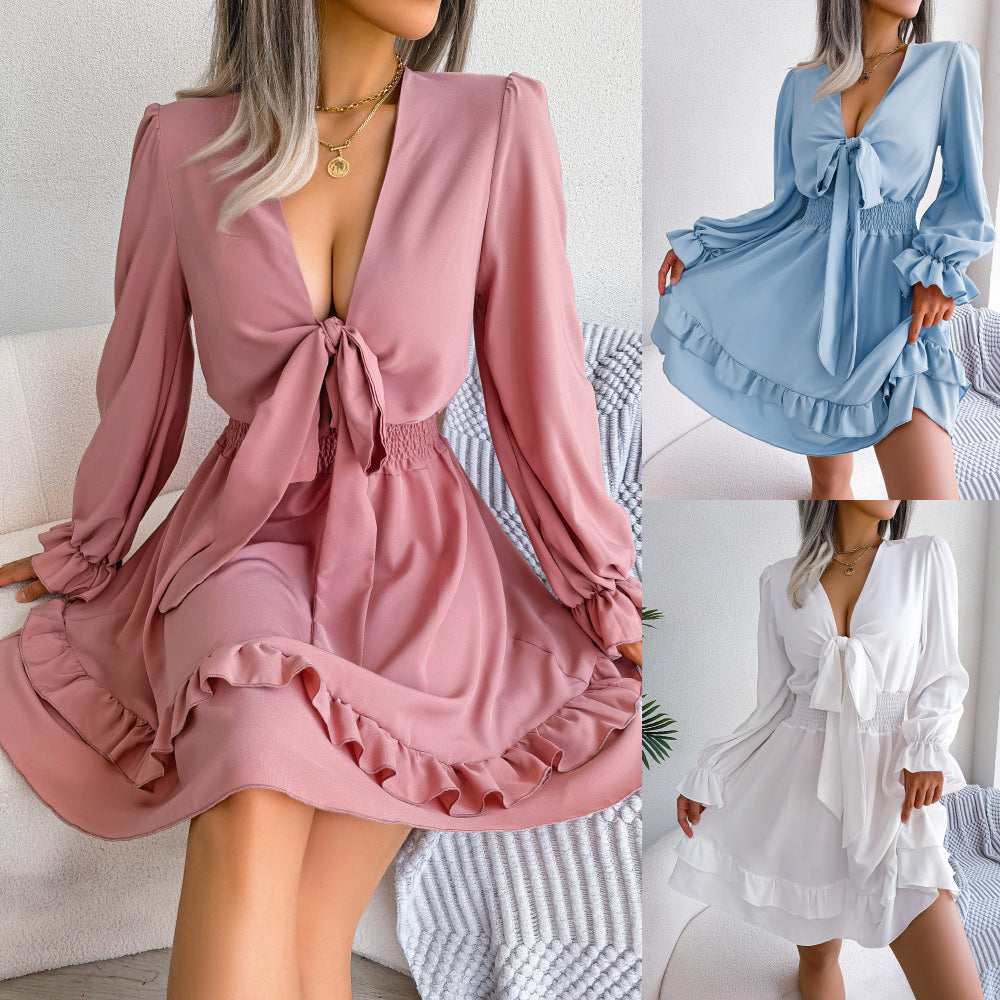 Spring And Summer European And American Leisure Lace-up Waist-tight Wooden Ear Swing Dress