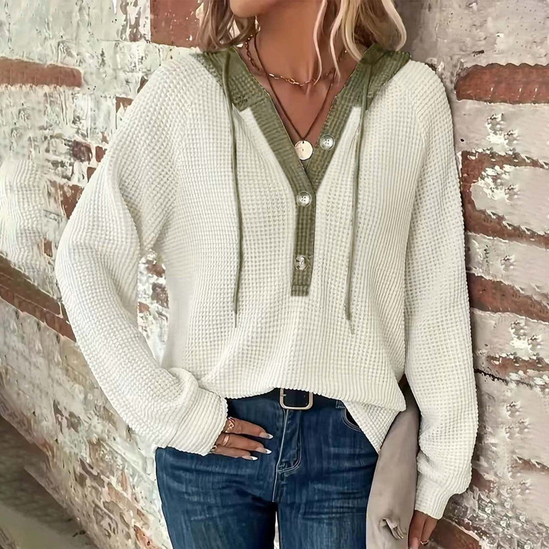 Women's Solid Color Waffle Hooded Button Loose Long Sleeve Sweatershirt