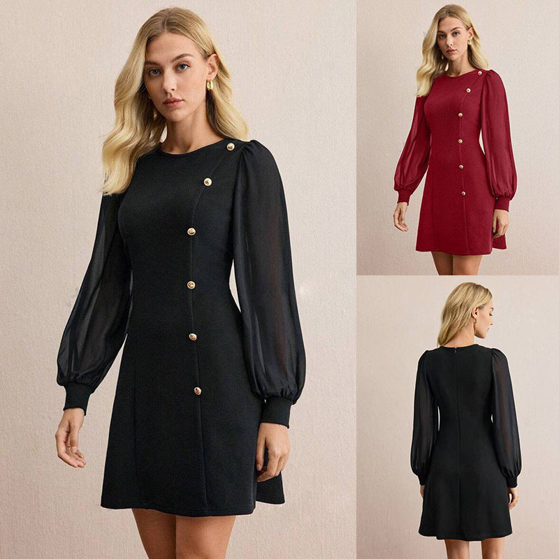 Women's Round Neck Clinch Slim Long Sleeve Solid Color Dress