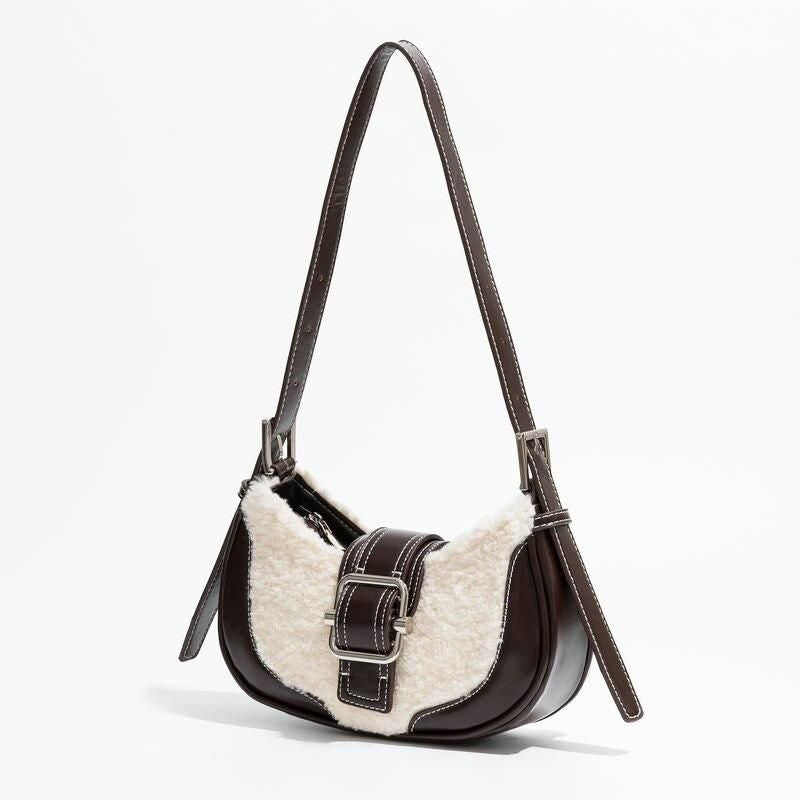 Faux-Fur and PU Half-Moon Shoulder Bag