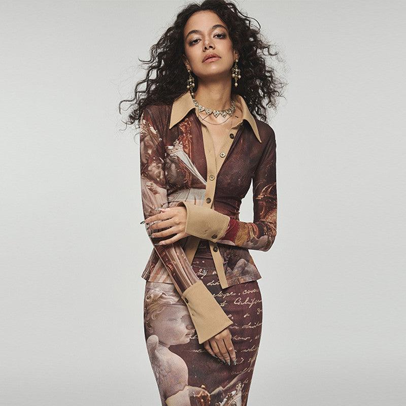 Mid-length Printed Mesh Pleated Waist Shirt - Trendha