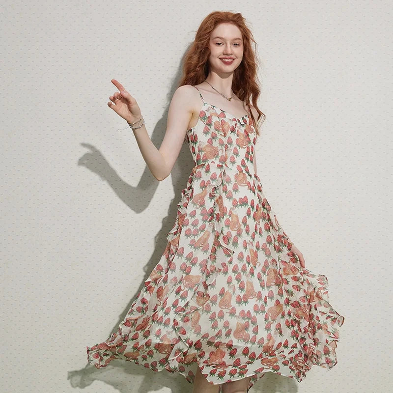 French Strawberry Print V-Neck Midi Dress