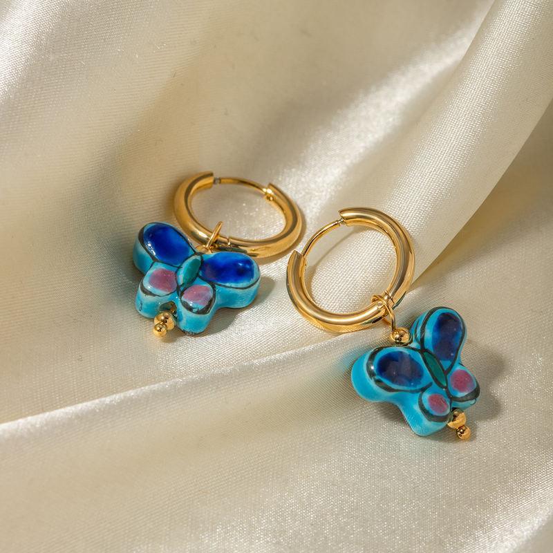 18K Gold-Plated Blue Ceramic Butterfly Drop Hoop Earrings