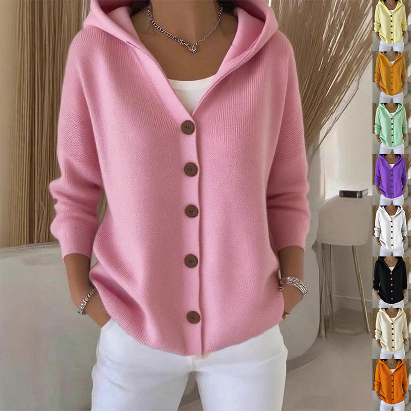 Ins Button Hooded Sweater Fashion Autumn And Winter Knitted Cardigan Casual Commuter Long Sleeve Top Women's Clothing