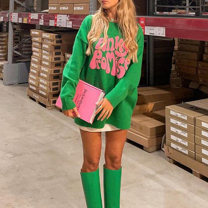 New Round Neck Long Sleeve Letter Pattern Jacquard Knitted Sweater Pullover - Trendha