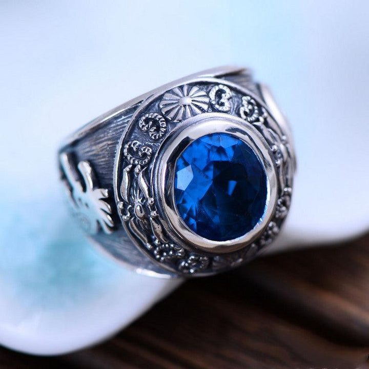 925 Silver Domineering Personalized Totem Synthesis Blue Crystal Men's Rings - Trendha