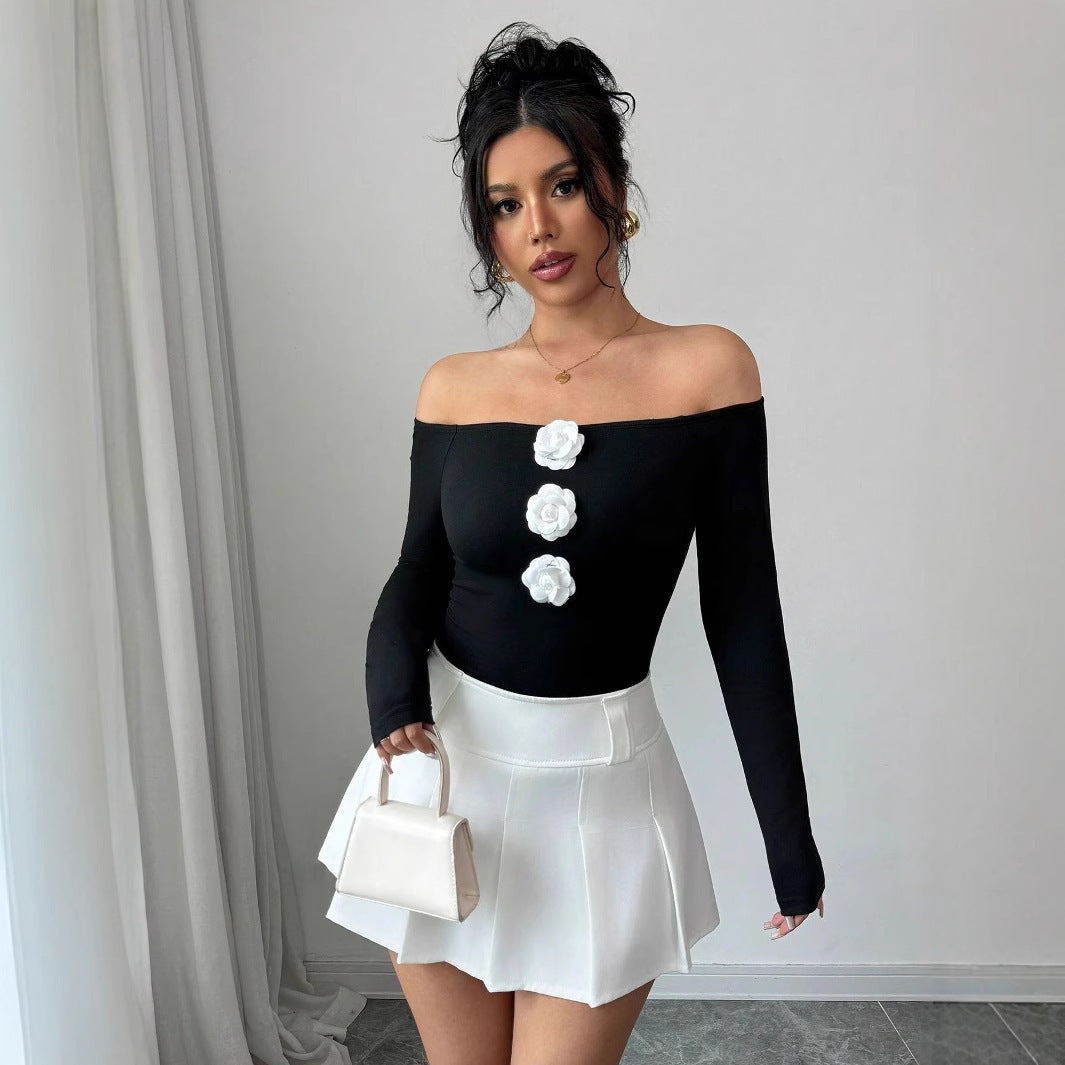 3D Floral Off-the-shoulder Off-neck Slim-fit Long-sleeved T-shirt