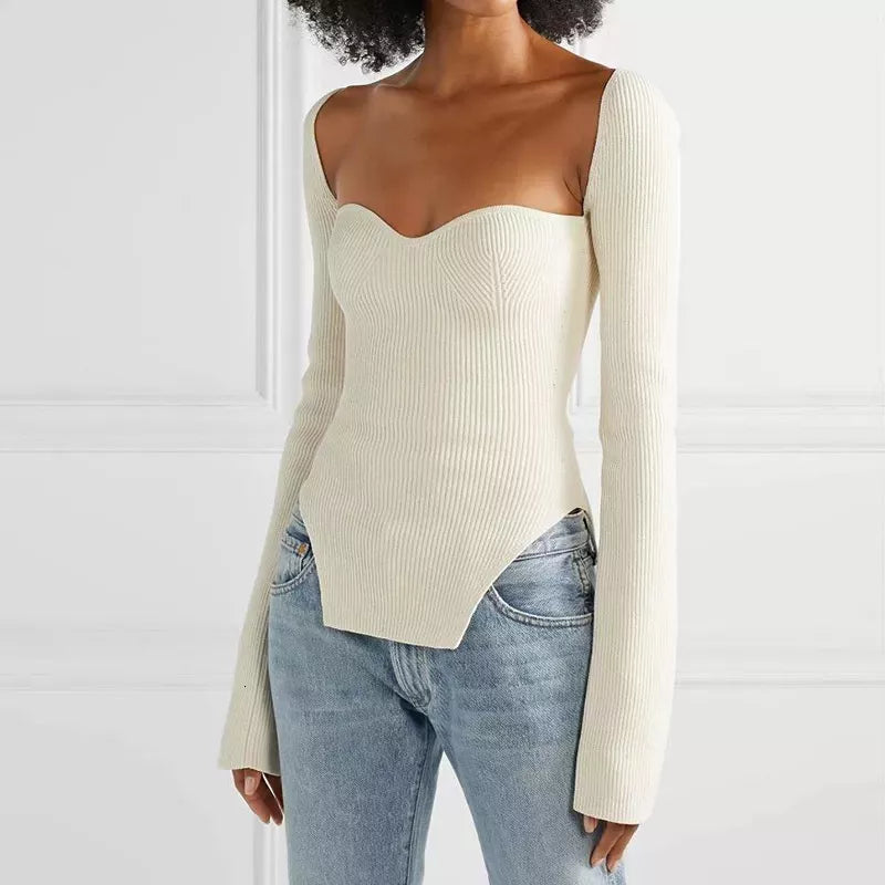 White Side-Split Knit Sweater with Sweetheart Neckline