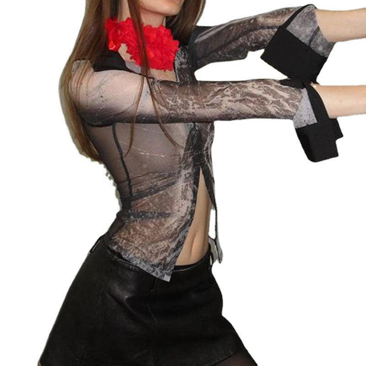 Abstract Printed Mesh Shirt With Lapel Metal Buckle - Trendha
