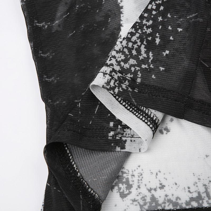 Abstract Printed Mesh Shirt With Lapel Metal Buckle - Trendha