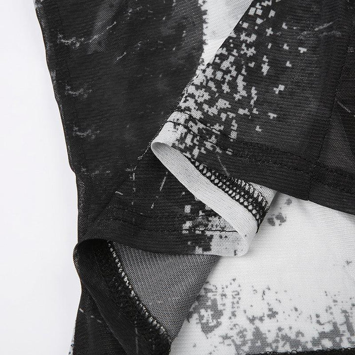 Abstract Printed Mesh Shirt With Lapel Metal Buckle - Trendha