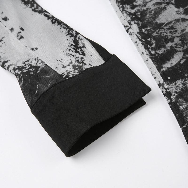 Abstract Printed Mesh Shirt With Lapel Metal Buckle - Trendha
