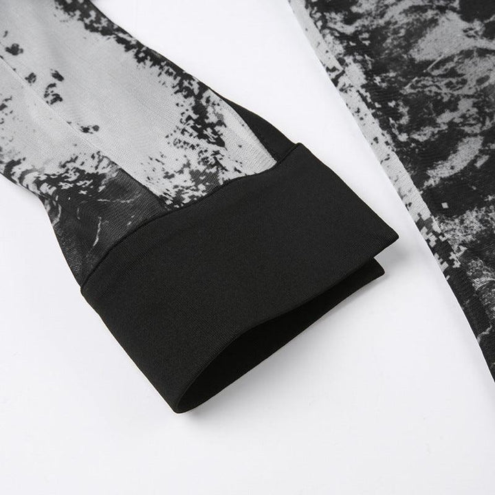 Abstract Printed Mesh Shirt With Lapel Metal Buckle - Trendha