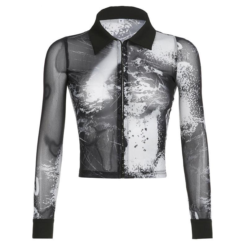 Abstract Printed Mesh Shirt With Lapel Metal Buckle - Trendha