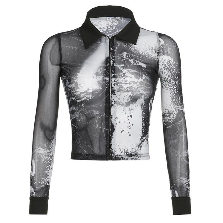 Abstract Printed Mesh Shirt With Lapel Metal Buckle - Trendha