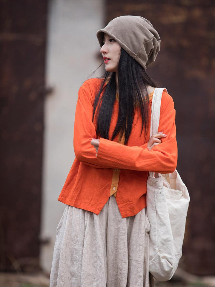 Artistic Retro Contrast Color Design Cotton And Linen New Round Neck Loose Shirt - Trendha