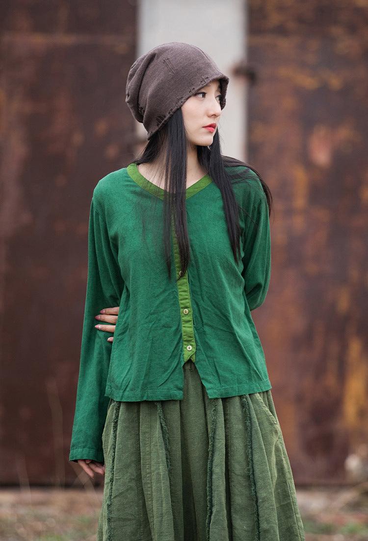 Artistic Retro Contrast Color Design Cotton And Linen New Round Neck Loose Shirt - Trendha