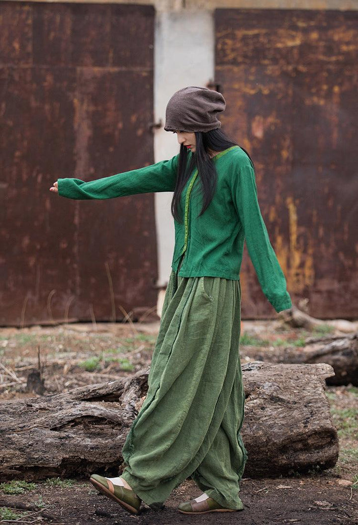 Artistic Retro Contrast Color Design Cotton And Linen New Round Neck Loose Shirt - Trendha