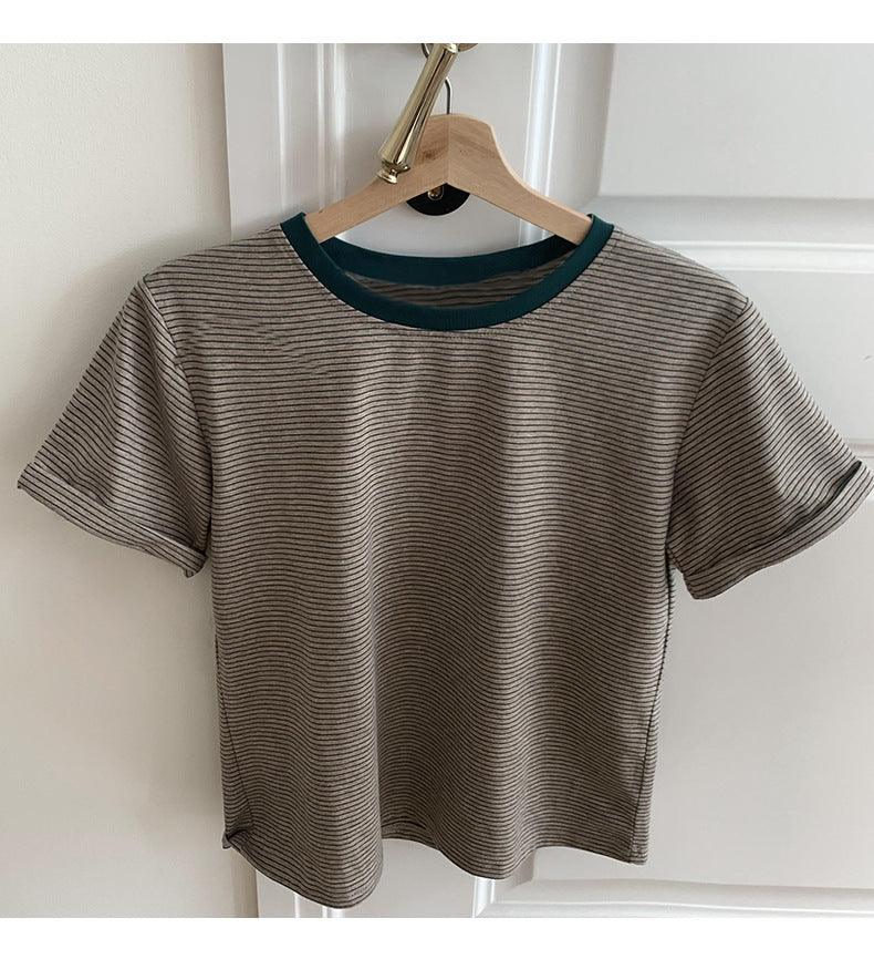 Autumn And Winter Brown Pullover Base Short Sleeve Turtleneck Round Neck Temperament Commute Striped Loose Cotton Base Shirt - Trendha