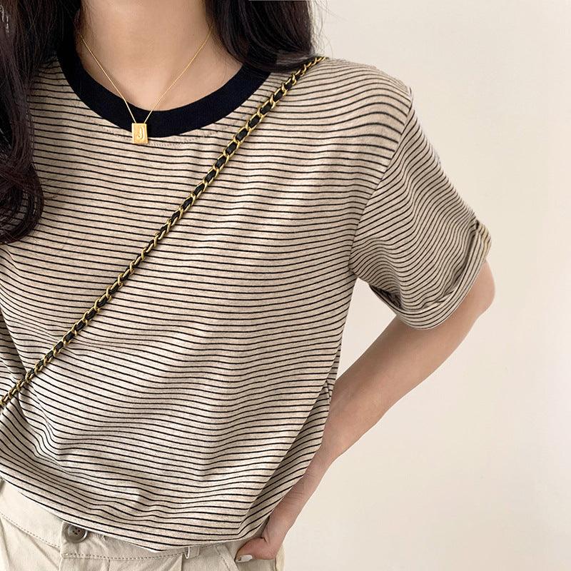 Autumn And Winter Brown Pullover Base Short Sleeve Turtleneck Round Neck Temperament Commute Striped Loose Cotton Base Shirt - Trendha