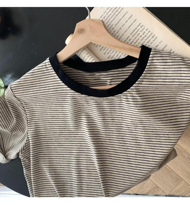 Autumn And Winter Brown Pullover Base Short Sleeve Turtleneck Round Neck Temperament Commute Striped Loose Cotton Base Shirt - Trendha