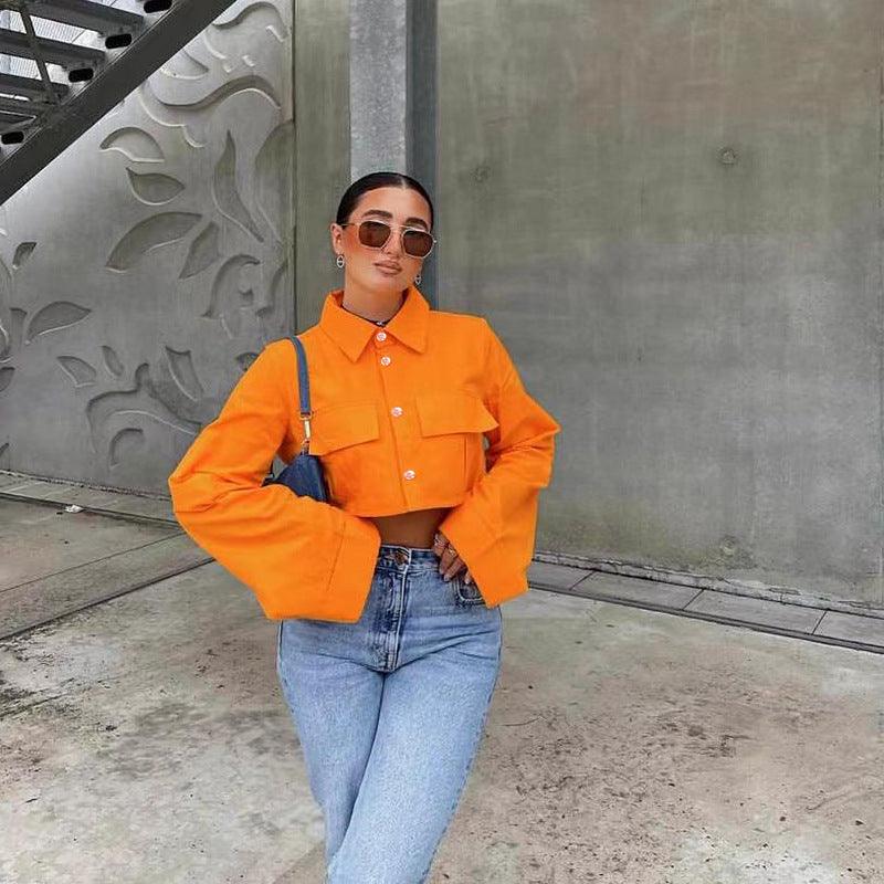 Autumn New Fashion Solid Pocket Short Shirt