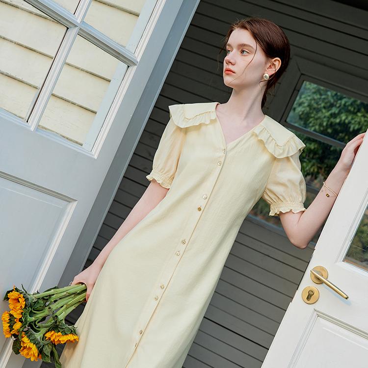 Yellow Sailor-Collar Dress with Ruffled Sleeves