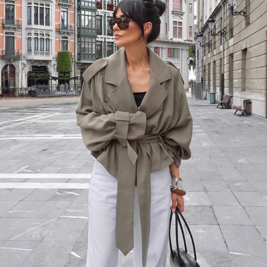 Women's Large Lapel Lace-up Trench Coat Fashionable Jacket