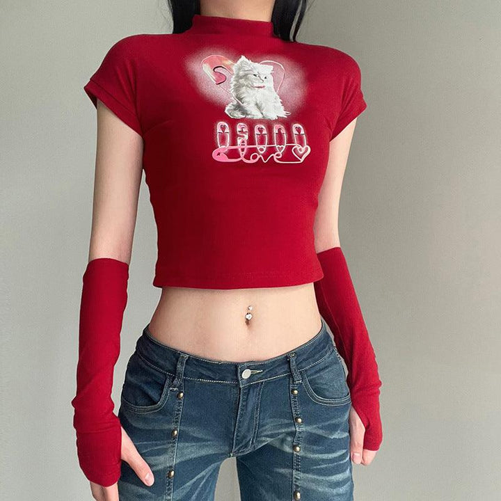 Cat Printing Cropped T-shirt Street Style - Trendha