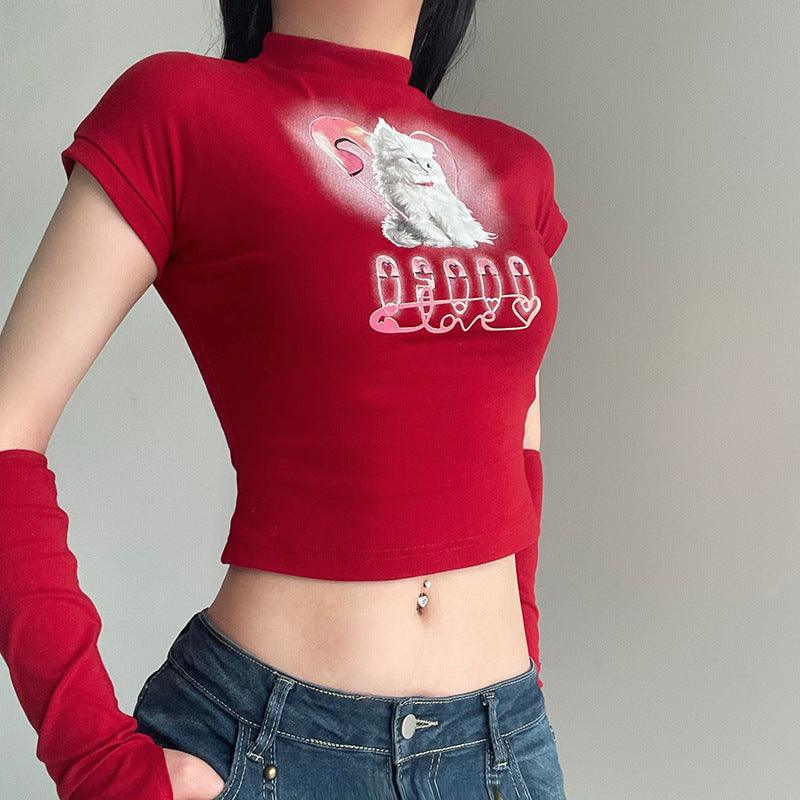 Cat Printing Cropped T-shirt Street Style - Trendha