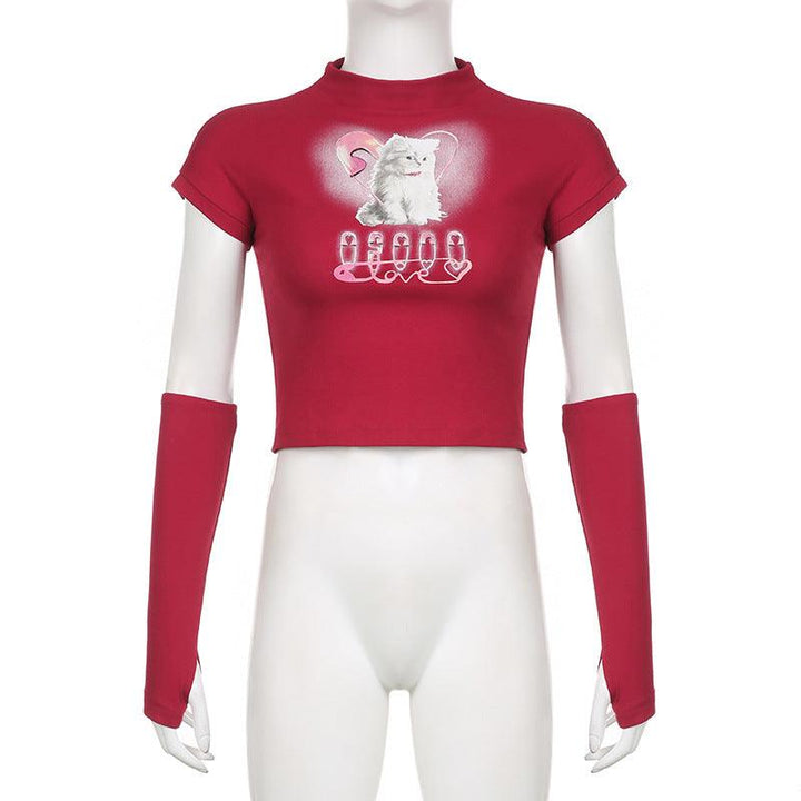 Cat Printing Cropped T-shirt Street Style - Trendha