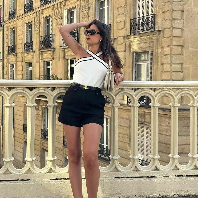 Contrast Color Cross V-neck Sling Top - Trendha