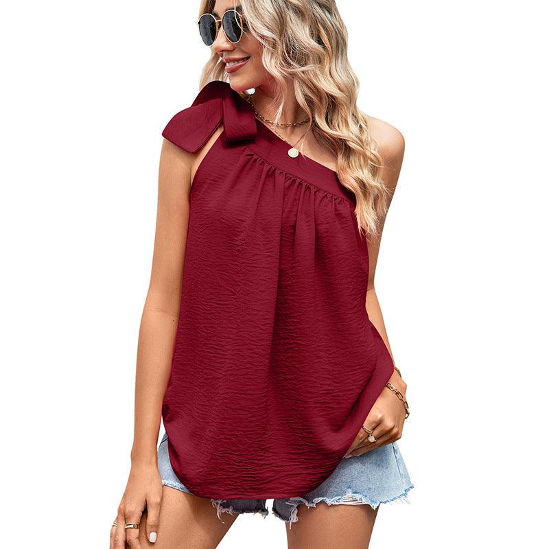 Cross-border European And American Women's Clothing Shoulder Lace-up Bow Top One-shoulder Vest - Trendha