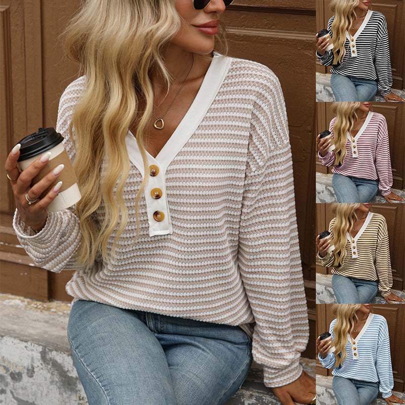 Women's V-neck Buttons Pullover Patchwork Casual Long-sleeved Top