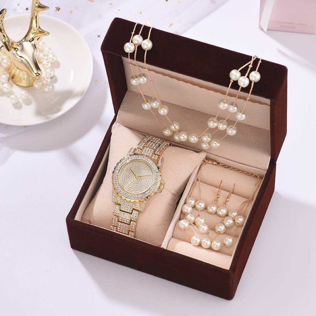 Fashion Creative Diamond Full Diamond Round Watch Pearl Bracelet Earring Necklace - Trendha