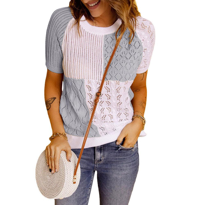 Fashion European American Summer New Color Block Knitted Short Sleeve T-shirt Top Knitwear - Trendha