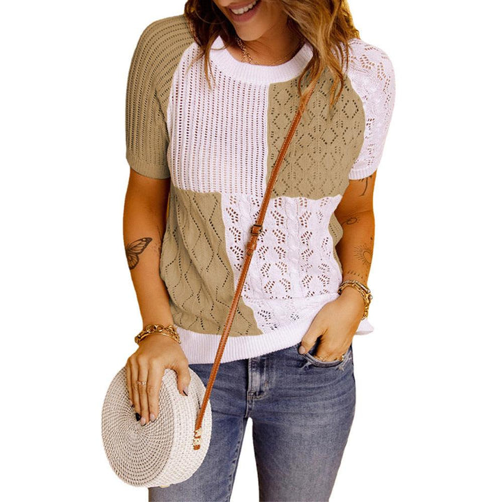 Fashion European American Summer New Color Block Knitted Short Sleeve T-shirt Top Knitwear - Trendha