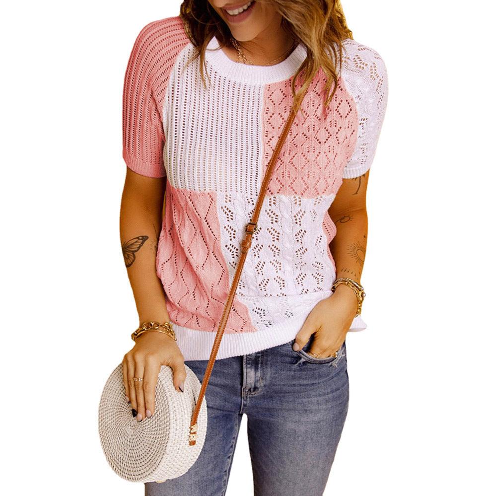 Fashion European American Summer New Color Block Knitted Short Sleeve T-shirt Top Knitwear - Trendha