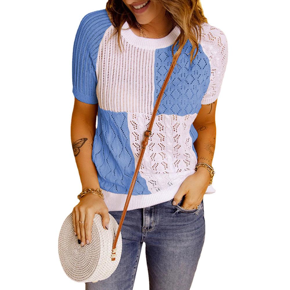 Fashion European American Summer New Color Block Knitted Short Sleeve T-shirt Top Knitwear - Trendha