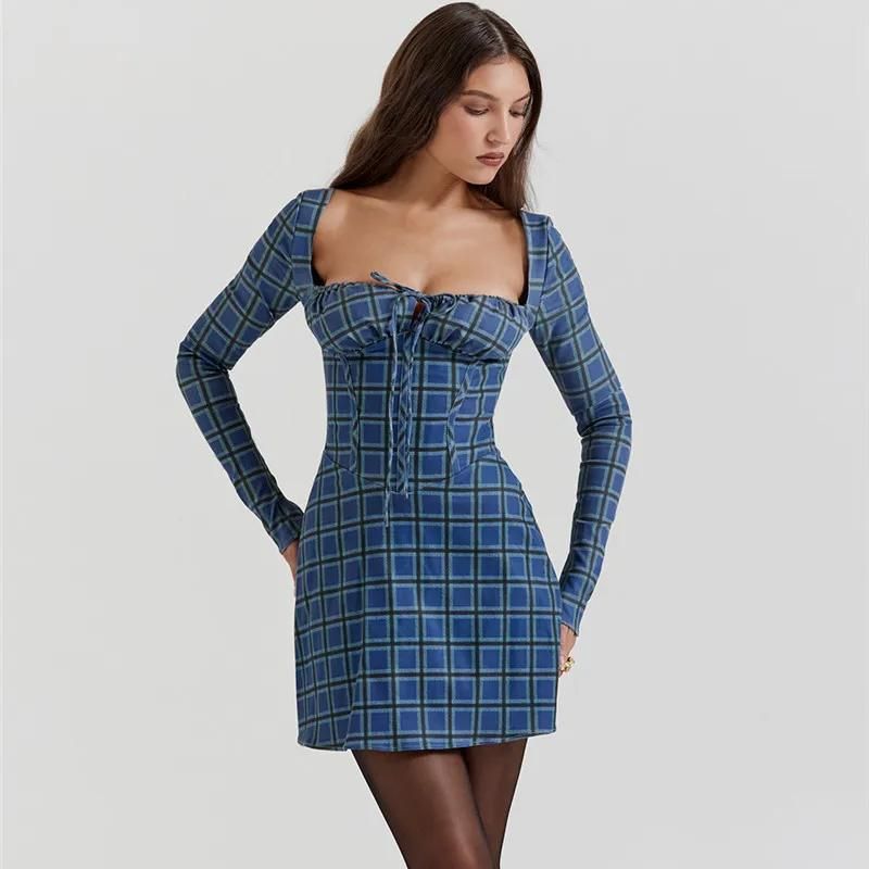 Square-Neck Lace-Up Backless Mini Dress