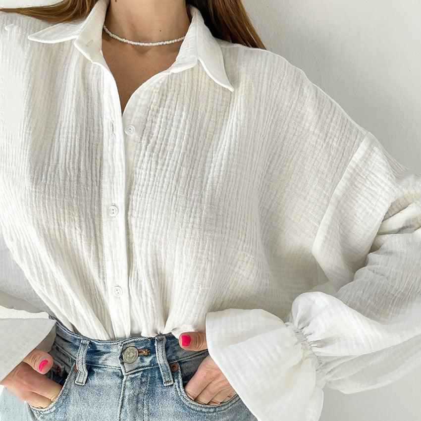 Flared Sleeves Long Sleeves Shirt Pure Cotton Leisure Commute Niche White - Trendha