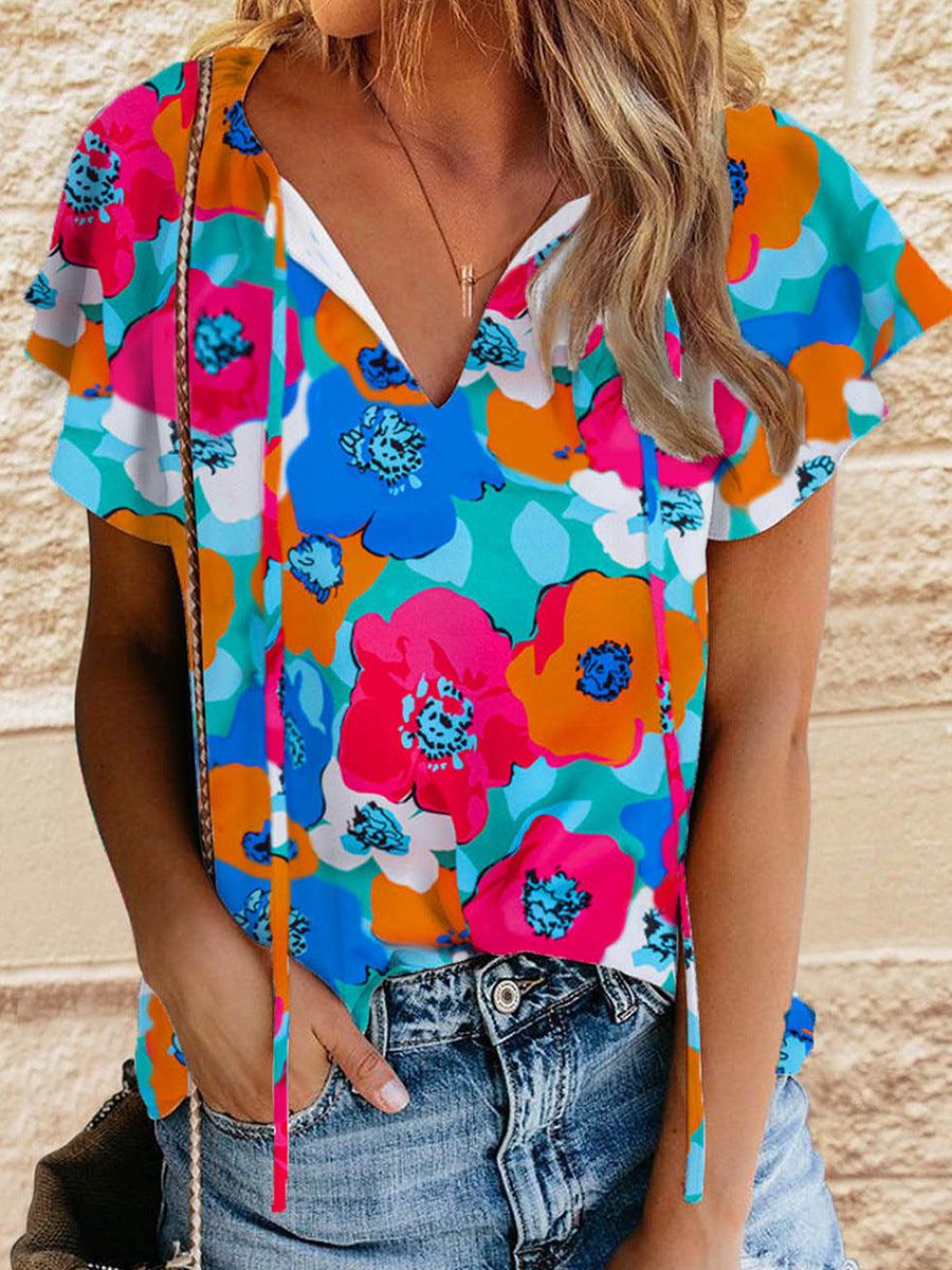 Floral Print Drawstring V-neck Short Sleeve - Trendha