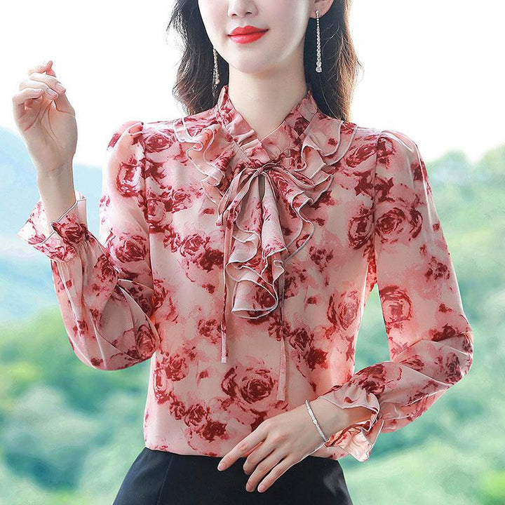Foreign Style Agaric Ruffle Lace Up Floral Long Sleeved Chiffon Shirt For Women - Trendha