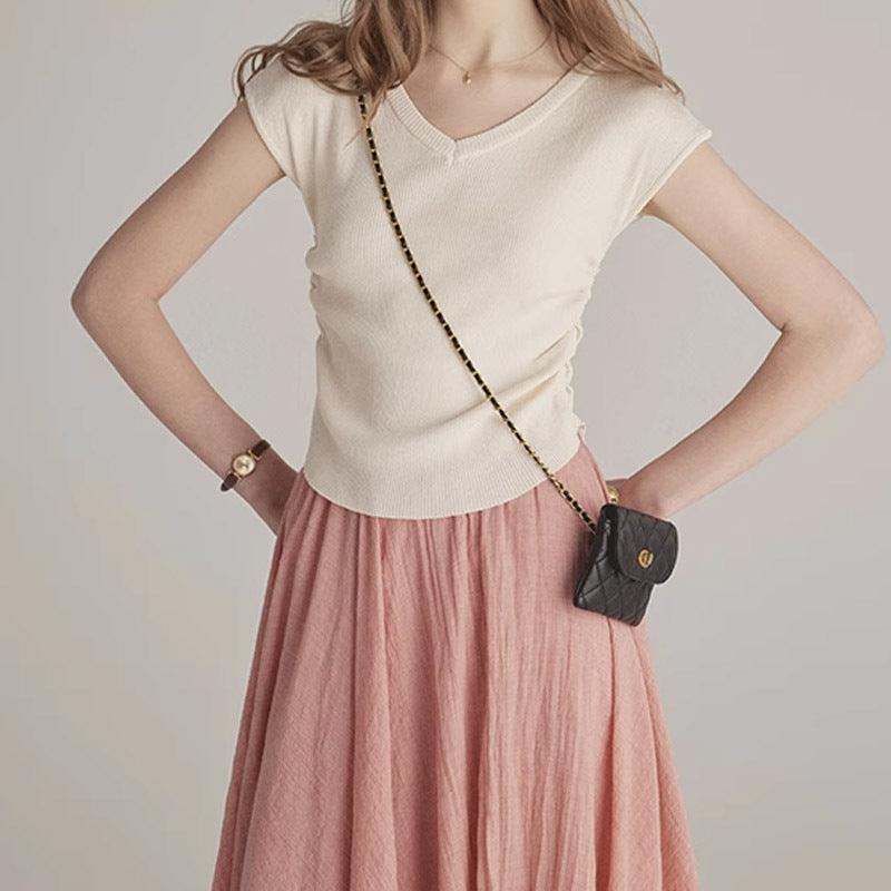 Gentle Solid Color Simple V-neck Short Sleeve Slimming Women's - Trendha